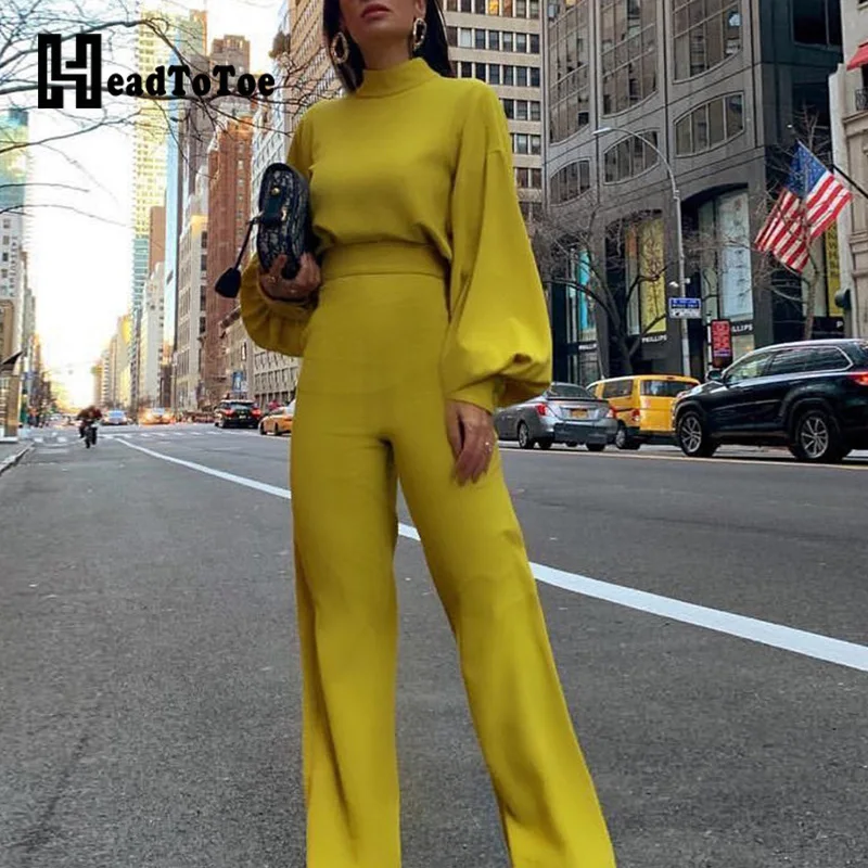 

Solid Lantern Sleeve Mock Neck Jumpsuits