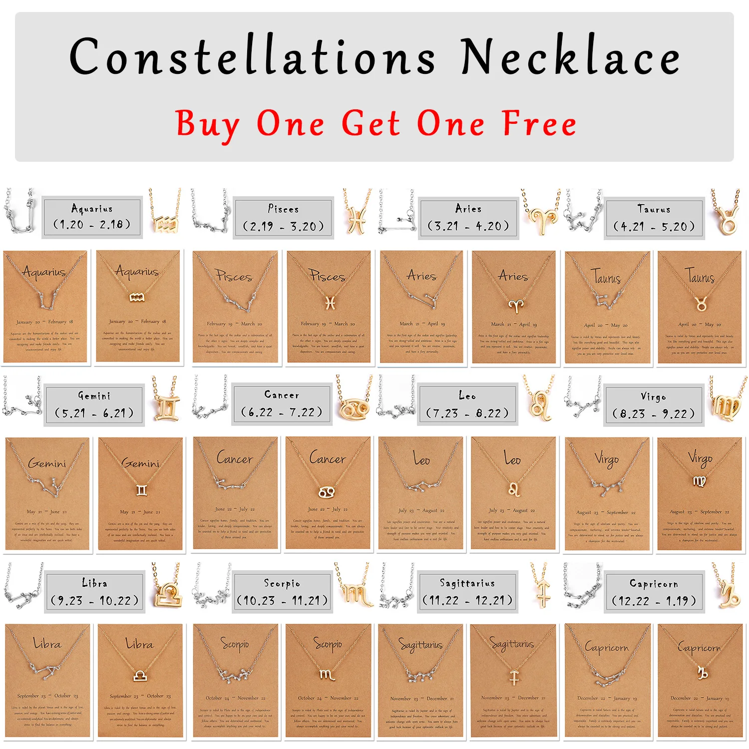 

Rinhoo Buy 1 Get 1 gift Zodiac Sign Necklace gold silver 12 Constellation Pendant Necklace New charm jewelry for couple women