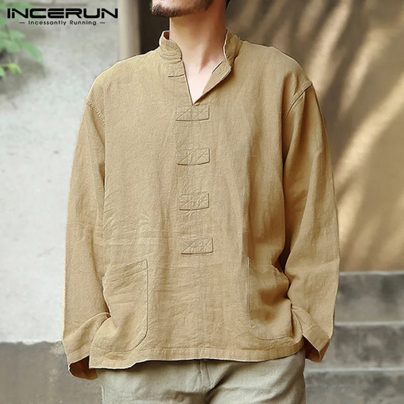 INCERUN Vintage Cotton Linen Shirt Men Solid Color Casual Long Sleeve Pockets V Neck Blouse Chinese Style Shirts Camisa 2020 3XL INCERUN Vintage Cotton Linen Shirt Men Solid Color Casual Long Sleeve Pockets V Neck Blouse Chinese Style Shirts Camisa 2020 3XL