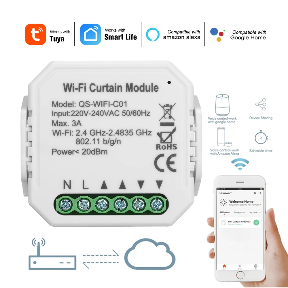 Smart Life WiFi Smart Curtain Blinds Module Switch Roller Shutter Motor Tuya Wireless Remote Control Works Alexa Google Home Smart Life WiFi Smart Curtain Blinds Module Switch Roller Shutter Motor Tuya Wireless Remote Control Works Alexa Google Home