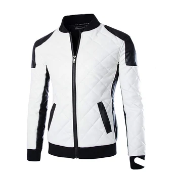 

Autumn Men's PU Cotton Jackets Black White Patchwork Leather Jacket Moto Biker Jacket Locomotive Outerwear Male Casual Coat