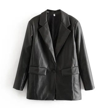 

Faux Leather Suit Jacket Women Single Button Coat Ladies Blazer 2020 Spring Black Blazer