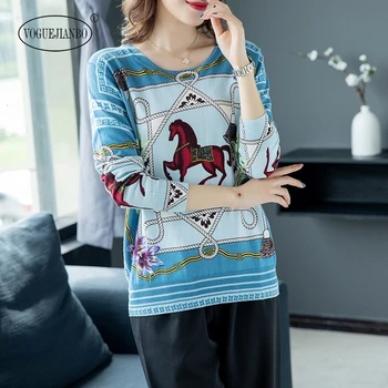 

2020 spring women's sweater long sleeve sweater horse head printed modal cotton loose sweater crew neck pullover sweter damski