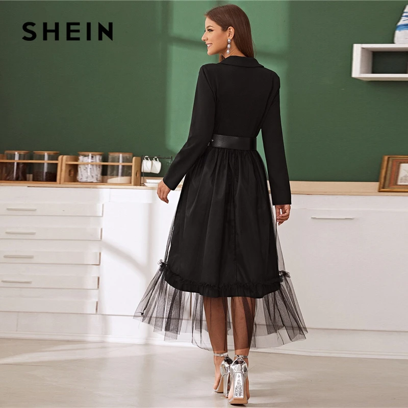 SHEIN черное Сетчатое платье с вырезом без пояса, женское осеннее платье трапециевидной формы с длинным рукавом и высокой талией, гламурные длинные платья