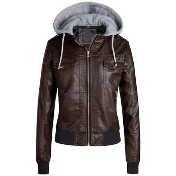 

JAYCOSIN Autumn Women Coats Slim Leather Jacket Removable Zipper Caps Hooded Short Coats Outwear Large Size Jacket 19August24