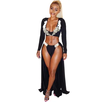 

Sexy Party Women Two Piece Sets Long Sleeve V Neck Floral Lace Crop Top and High Split Maxi Skirt Set Nightclub Dress Women Set