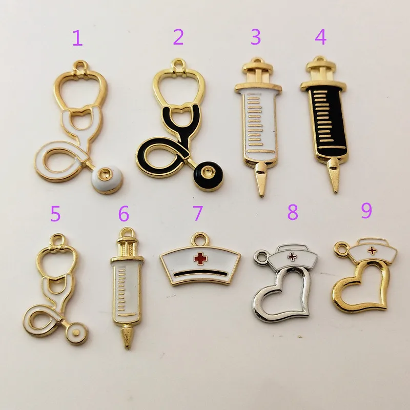 

5 pcs Multi style Creative Handmade Drip Oil Medical Jewelry Enamel Pendant Stethoscope Charms Syringe Charms Nurse Hat Charms