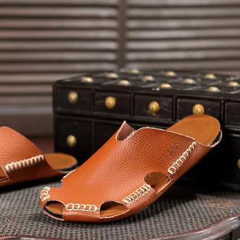 

Summer Slides Men Leather Slippers Slides Porous Slippers Men Korean-style Leisure Slippers Men Shoes Cowhide Genuine Leather