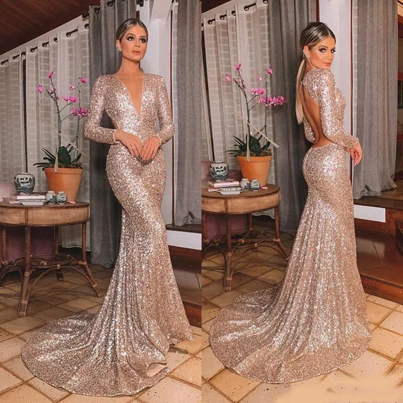 

BingBing Sexy Open Back Formal Mermaid Evening Dresses Party Gowns Deep V Neck Long Sleeves Sparkle Sequined Prom Dress