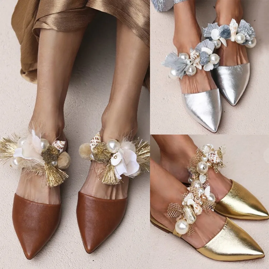 

Golden Floral Sandals Flat Pointed Shoes For Women Pointed Toe Mules Flowers Beach Pearl Summer Lazy Flat Causal Sandals Shoe