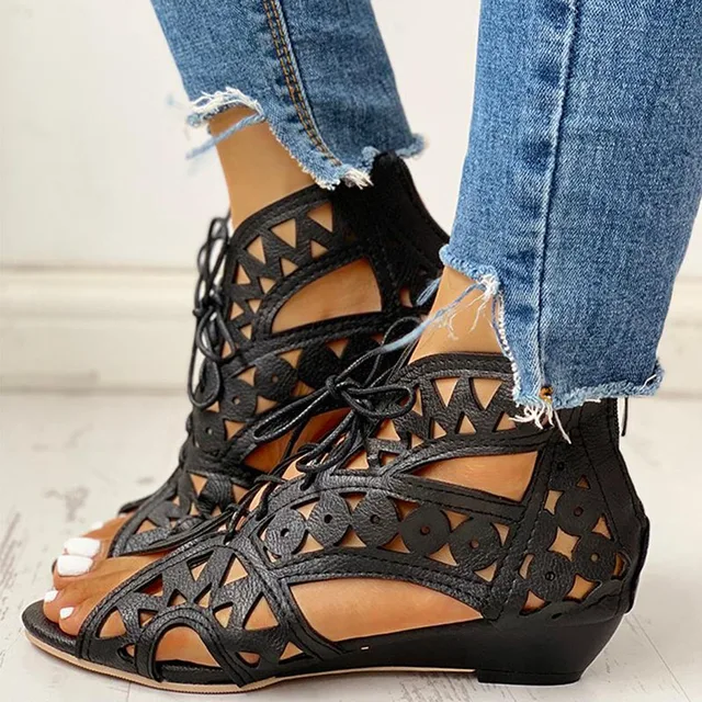 Hollow Out Lace-up PU Wedge Sandals 2