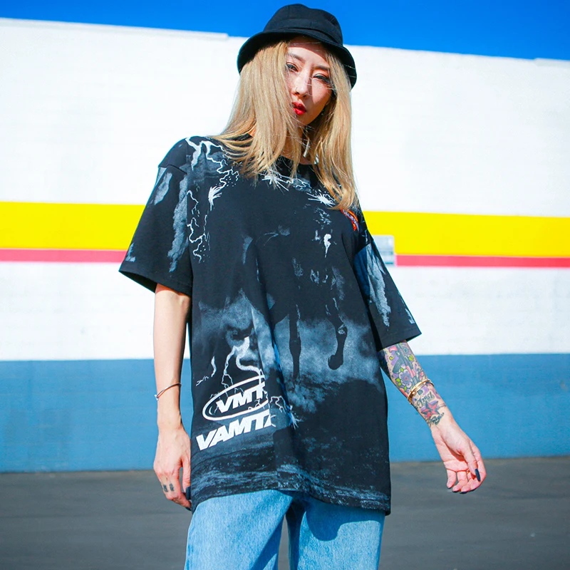 Готический Черный Lightning Футболка с принтом уличная Для мужчин больших размеров; модная футболка в стиле хип-хоп Для мужчин футболка Хлопковые Топы с коротким рукавом, футболки