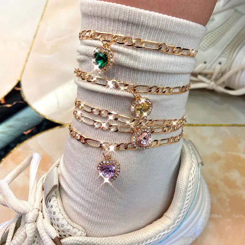Kasajewel 2Pcs/Set Charm Heart Crystal Anklets Bracelets Gold Color Chain Anklet Summer Barefoot Jewelry Women Friendship Gift | Украшения