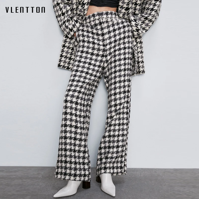 

Autumn Winter Vintage Plaid Tweed Office Ladies Wide Leg Pants Women Zipper High Waist Pants Female Casual Loose Trousers Mujer