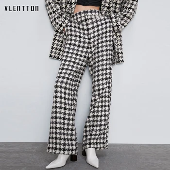

Autumn Winter Vintage Plaid Tweed Office Ladies Wide Leg Pants Women Zipper High Waist Pants Female Casual Loose Trousers Mujer