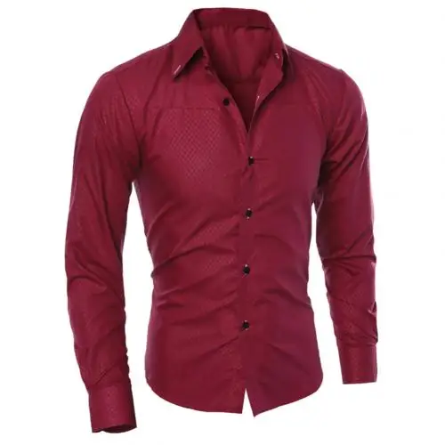 Новая модная мужская Однотонная рубашка с воротником и длинными рукавами, приталенная рубашка, горячая Распродажа, облегающая Классическая рубашка - Цвет: Wine Red