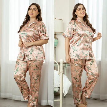 

Two Piece Short Sleeve Faux Silk Stain Pajamas Women Summer Pajama Sets Pijama Sleepwear Pyjamas Plus Size Nightwear Set XL-4XL