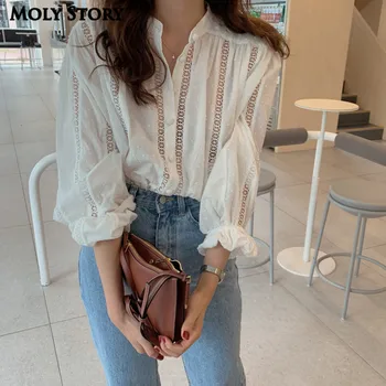 

Sexy Openwork Lace Blouse Lantern Sleeve Shirts White Top Women Turtleneck Cotton Shirts Ladies Tops