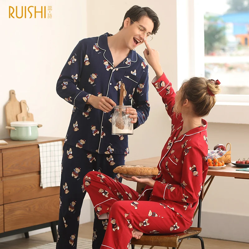 New Pijamas Hombre 100% Cotton Long Sleeves Lapel Men and Women Sleepwear Cute Bear's Print Cardigan Brand Pajamas Couple Pyjama New Pijamas Hombre 100% Cotton Long Sleeves Lapel Men and Women Sleepwear Cute Bear's Print Cardigan Brand Pajamas Couple Pyjama