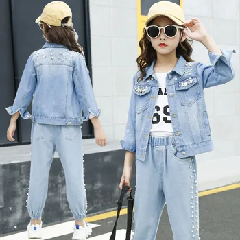 

Kids Girls Jeans Clothing Sets Long Sleeve Jackets Suits Pearls Girls Tracksuits size 8 10 12 Spring Autumn Teenage Girl Outfit