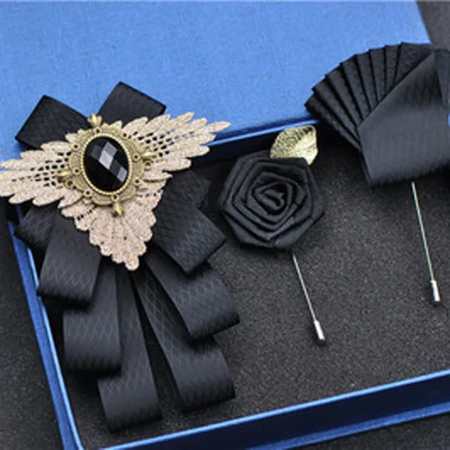 British New Fashion Men's Wedding Performance Groom Wedding-Party Flower Collar Bow Tie Pocket Towel Square Set Men Accessories Black plaid set 1