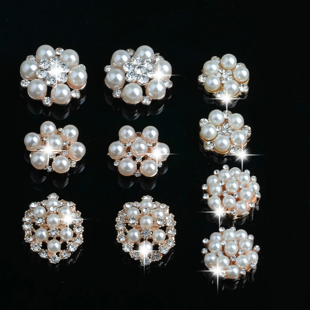 10 Pieces Assorted Alloy Flower Rhinestone Pearl Flatback Crafts Buttons Embellishments