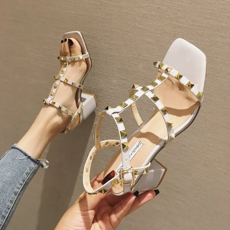 

Newest 2019 Luxury Brand Design Leather Women Stud Sandals Slingback Pumps Ladies Sexy High Heels Fashion Rivets Shoes
