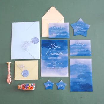 

free shipping 2019 hot sale custom blue star personalized printing clear acrylic wedding invitation card with seal