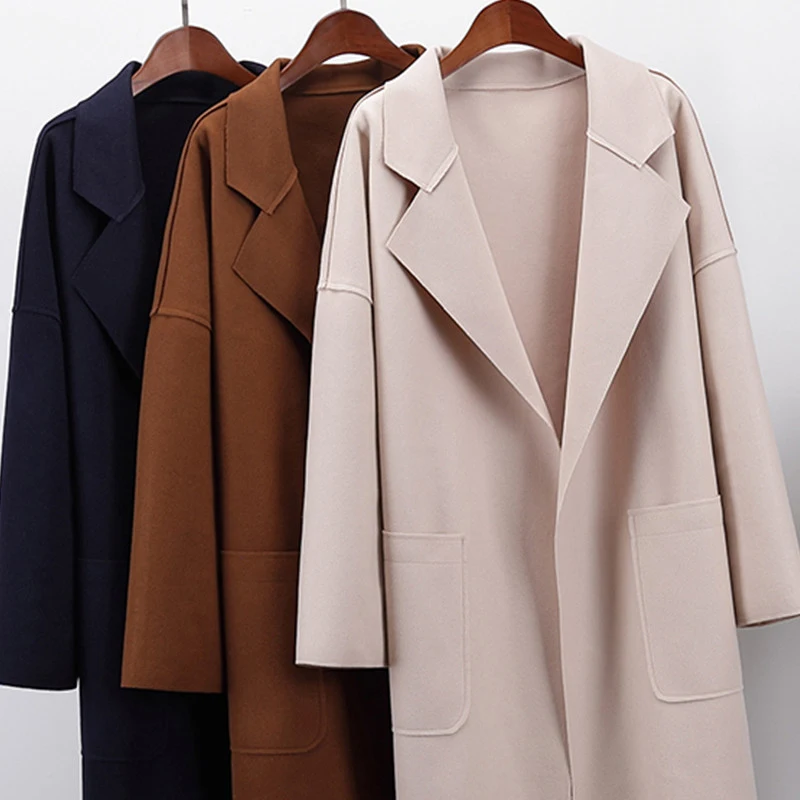 

New Women Oversize Cashmere Woollen jacket autumn Cardigan Coat Overcoat womens Loose long Casual Trench coat 45/110 kg F981