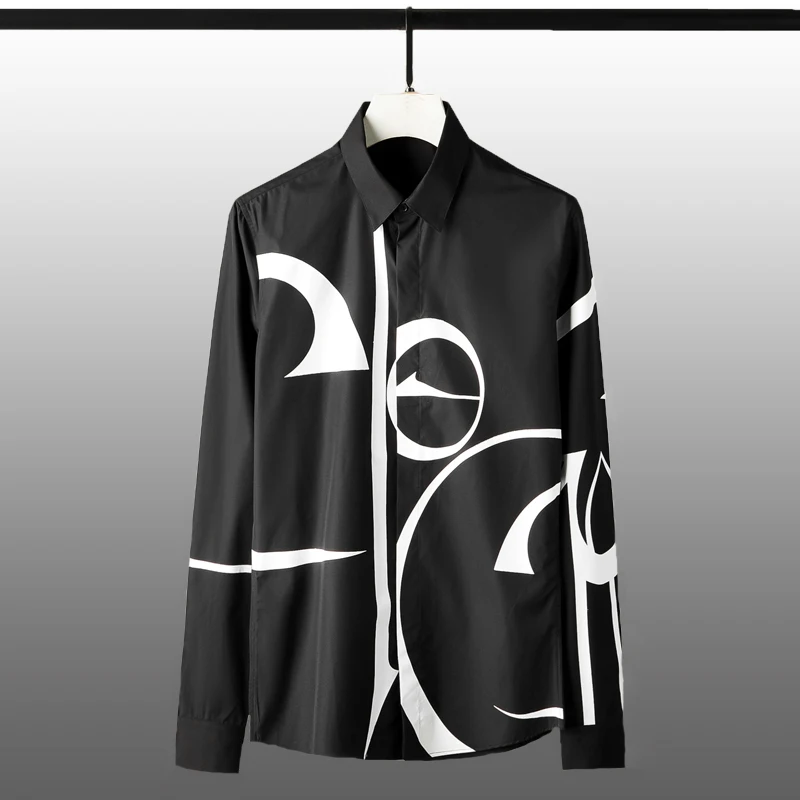 

Luxury Geometry Printed Long Sleeve Mens Dress Fashion White Black Slim Fit Man Shirts Plus Size 4XL