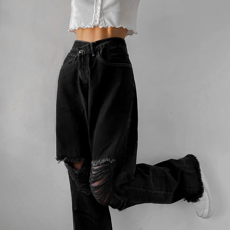 De moda de orificios de cintura alta pantalón Jean De mujer Vintage Streetwear suelto coreano pantalones de las mujeres pantalones de mezclilla