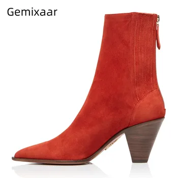 

Red Suede Leather Women Boots High Cone Heel Back Zip Botines Point Toe Solid Casual Chic Botas 2020 Fall Winter Ankle Boots 42