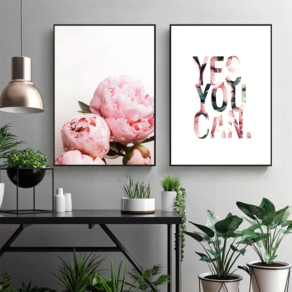 

Pink Peony Flower Print Painting Quotes Wall Art Canvas Painting Nordic Poster Botanical Floral Picture Modern Home Decoration