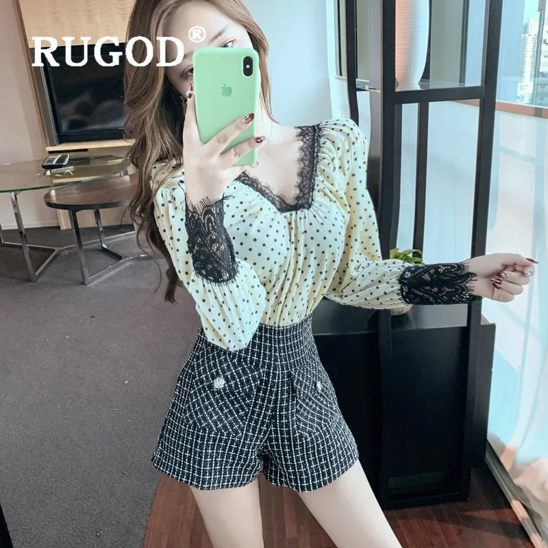 RUGOD блузка в горошек с пышными рукавами женские блузки с длинным рукавом элегантный топ корейская модная одежда женские рубашки бархатная рубашка