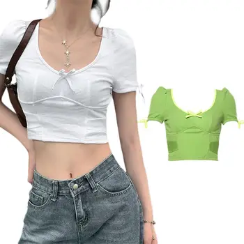 

Women Short Puff Sleeve Crop Top Ribbed Knit U-Neck T-Shirt Bowknot Slim Fit Tee