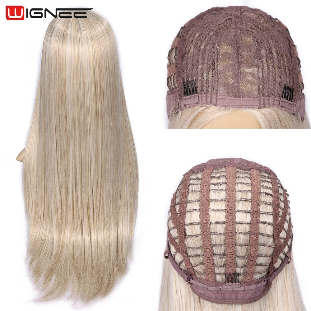 Wignee Long Natural Straight Wig Blonde Middle Part Cosplay Party Lolita Synthetic Wigs for Women Heat Resistant Fiber