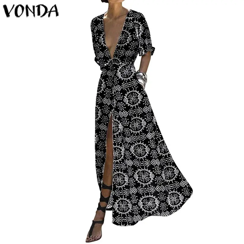 Женское платье с леопардовым принтом VONDA, Осеннее сексуальное платье с v-образным вырезом и высокой талией, длинное пляжное платье макси для вечеринки, повседневные платья размера плюс - Цвет: Black