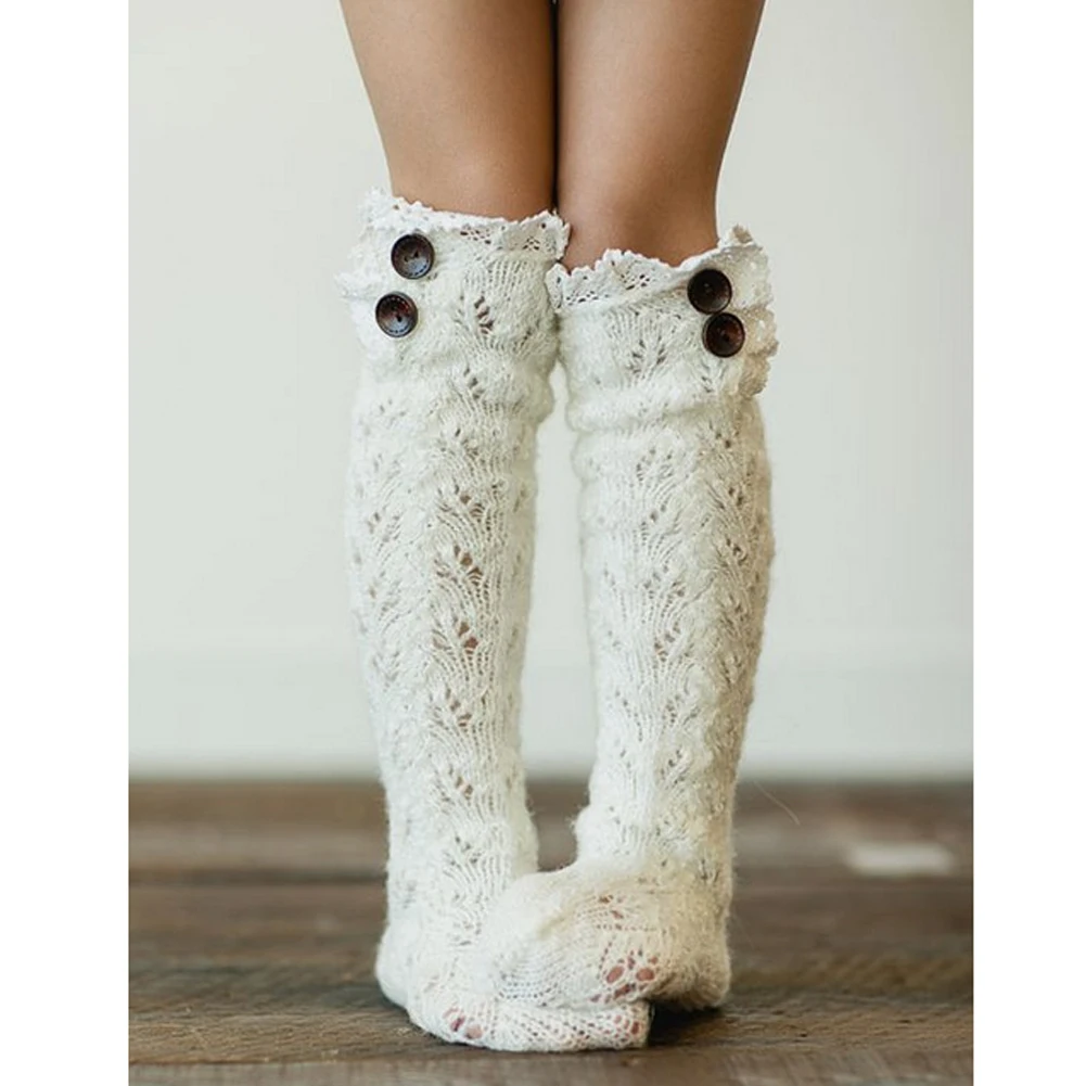 Для женщин Зимняя теплая кружевная одежда с изображением Кабельное Вязаные гольфы с узором в виде высокие сапоги носки