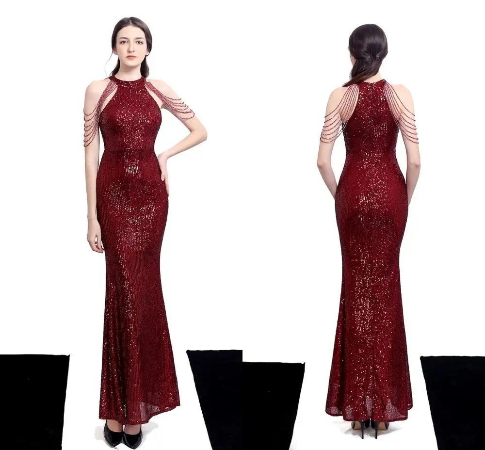 

Sexy Burgundy/Green Sequined Evening Dress Robe De Soiree 2021Halter Tassel Mermaid Long Side Slit Off Shoulder Prom Party Dress