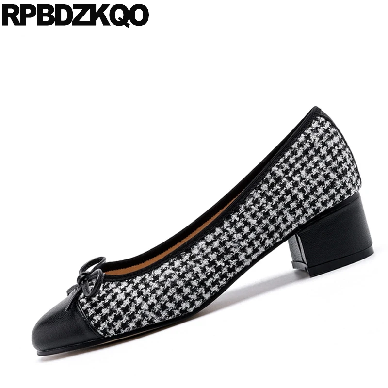 round toe size 4 34 thick ladies medium heels high bow fashion brown black casual pumps luxury women shoes slip on designer