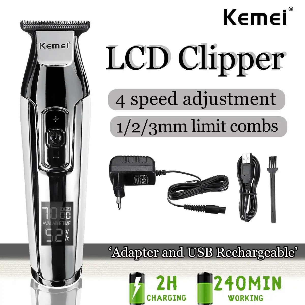 Kemei Professional Hair Clipper LCD Display Rechargeable Baldheaded Beard Hair Trimmer Men DIY Cutter Electric Haircut Machine