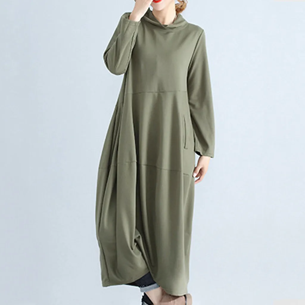 nuevos trajes модное женское длинное платье с длинным рукавом, водолазка, однотонное Плиссированное льняное свободное платье espalda cruzada para mujer