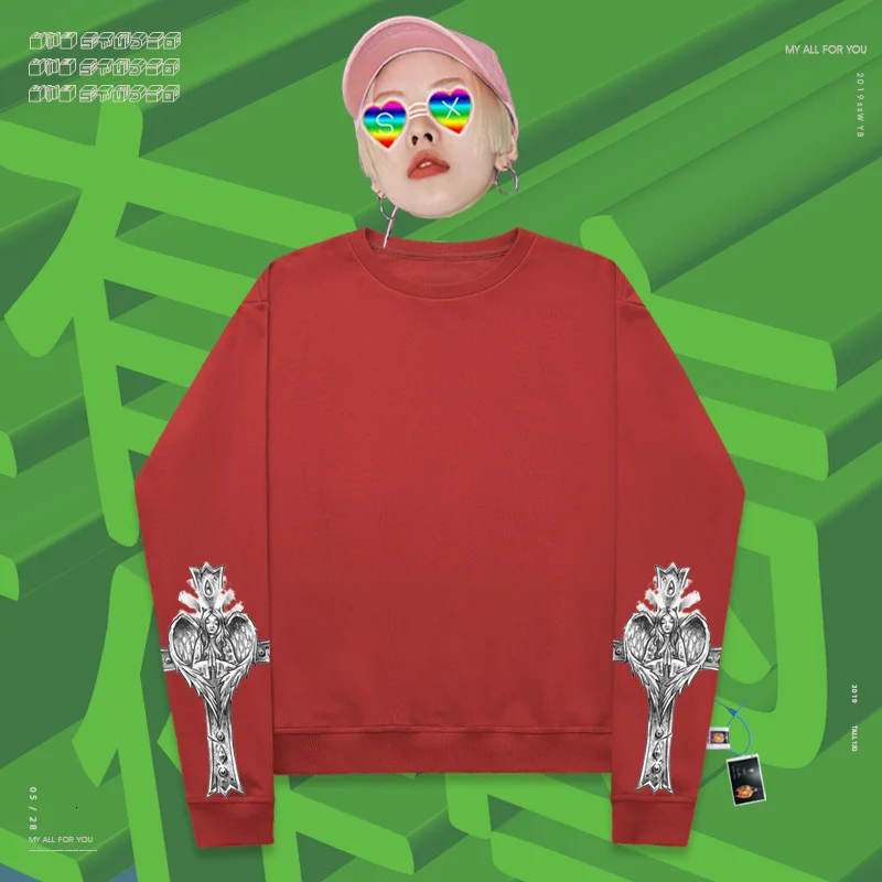 Long-sleeved clothes rap slim handsome skateboard Stickers Ins heart shape Print Ins fashion silhouette oversize sisters - Color: red