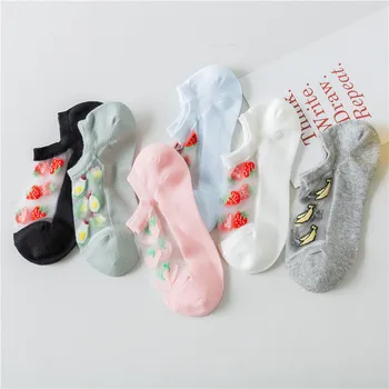 

Summer New Fruits Embroidery Transparent Women Socks Breathable Comfortable Boat Socks For Ladies Original Casual Trendy Sox