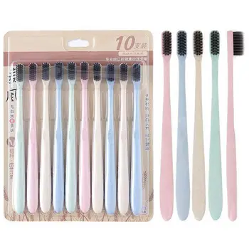 

10PCS Nano Ultra Soft Oral Hygiene Bamboo Charcoal Toothbrush Solid Color For Adults Children Wheat Straw Handle Oral Nursing Ca