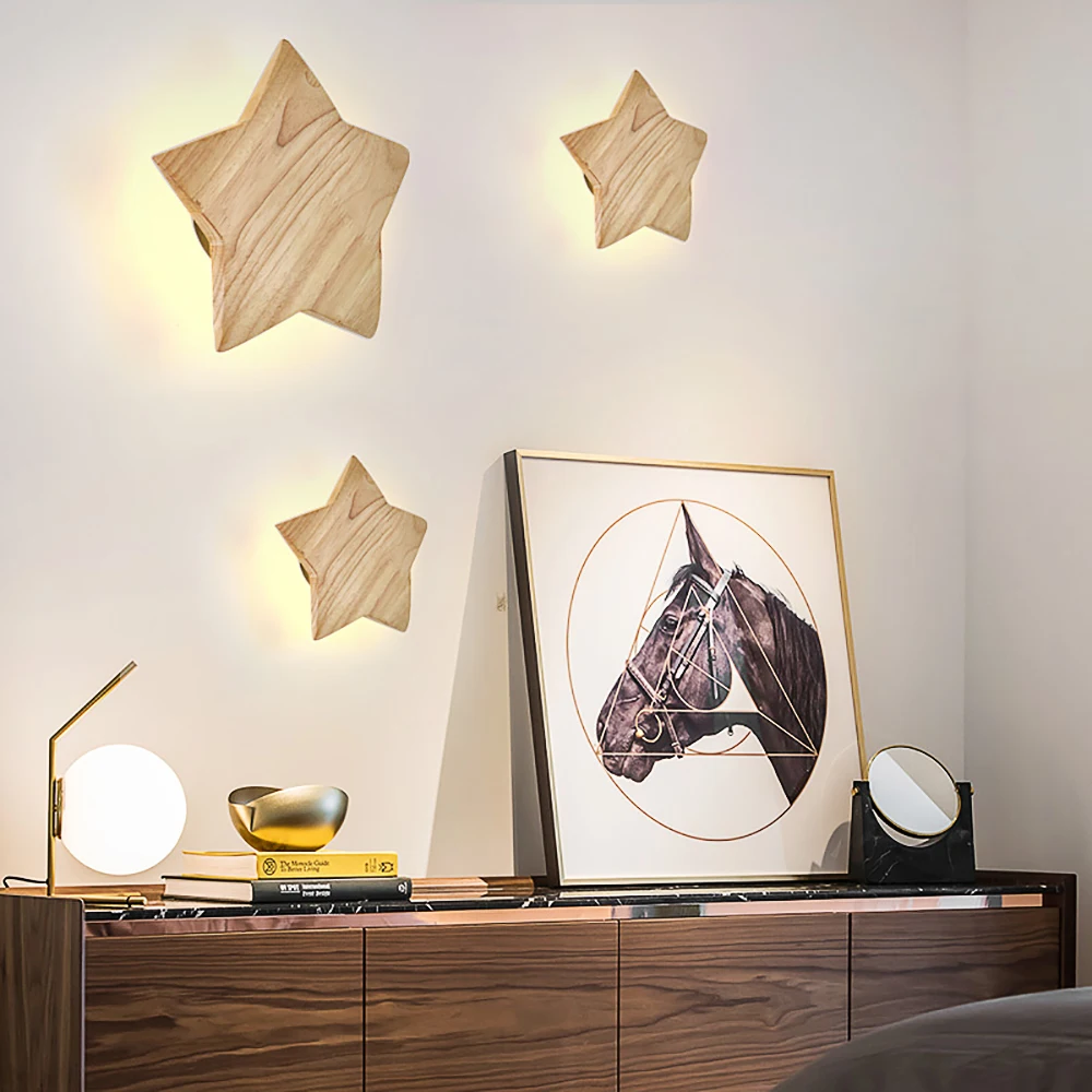 

zerouno Nordic Solid Wooden LED Night Lamp Five-Pointed Star Bedside Lamp Wall Night Light Bedroom Aisle Corridor Hotel Lights