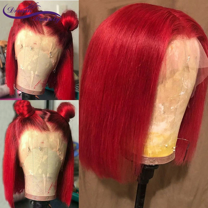 Peluca de Bob corto roja 13x2 T, malla con división, rojo, azul, brasileña, prearrancada, 180%, Remy, pelucas de cabello humano para mujer