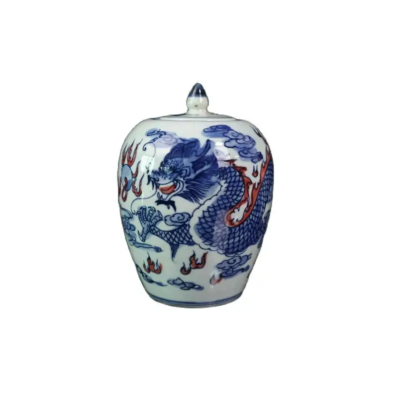 

Chinese Old Porcelain Blue And White Glaze In Red Dragon Lid Jar Receiving Pot Receiving Tank