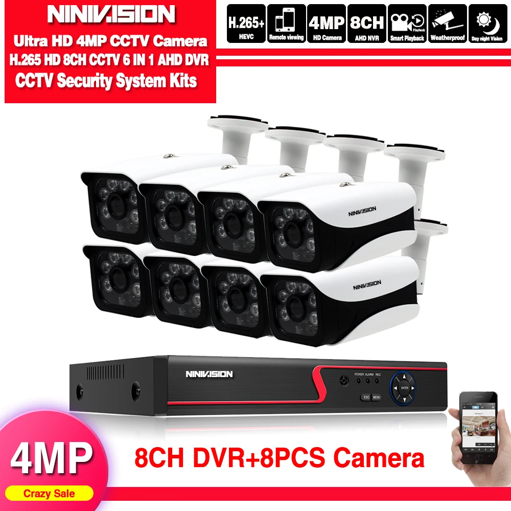 NINIVISION HD CCTV система 4MP 8CH AHD DVR комплект 8 шт. 4.0mp 2560*1440 6 шт. массив светодиодов камера безопасности комплект наружного наблюдения - Цвет: Белый