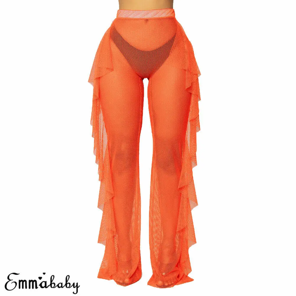 Sexy Women See-through Mesh Ruffle Bottoms Pants Bikini Cover Up Plus Size  Loose Long Trousers Beachwear Swimwear Swimsuit